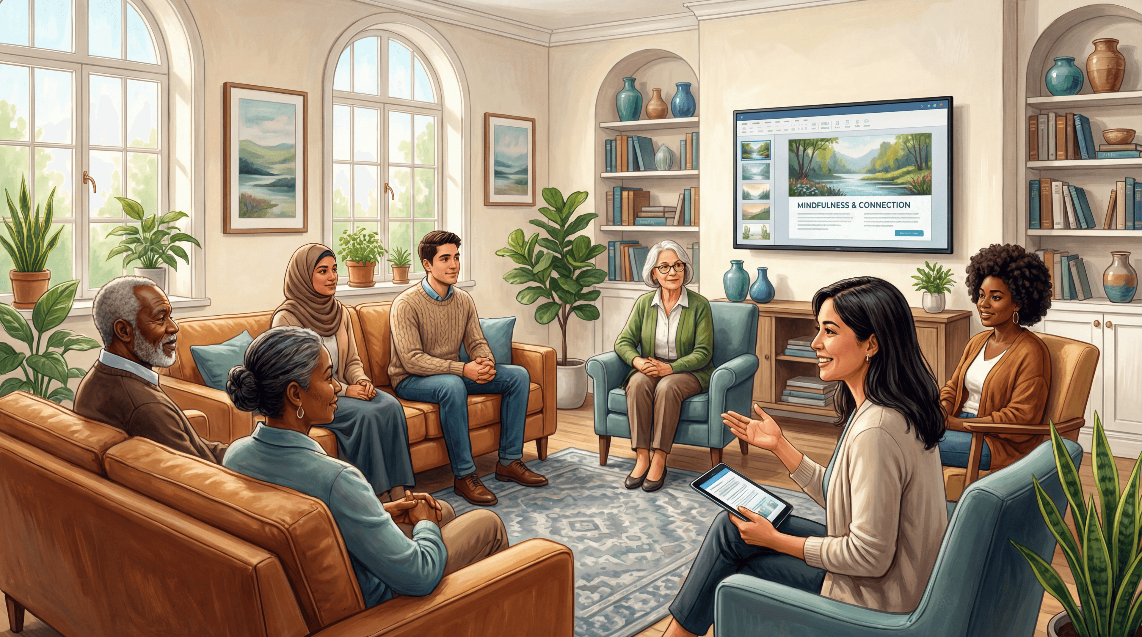 A diverse group therapy session in a warm, welcoming setting